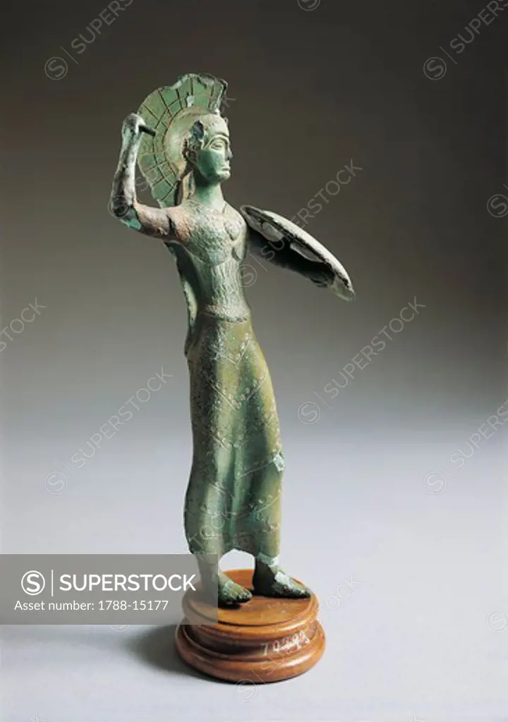 Italy, Fermo, Bronze statue depicting fighting Minerva