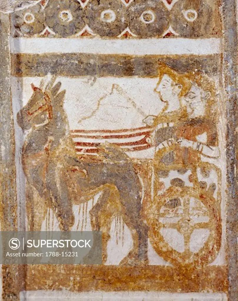 Aghia Triadha (Hagia Triada) sarcophagus, detail with goddesses on chariot drawn by horses