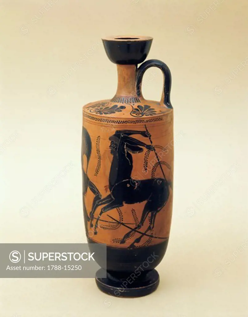 Black-figure pottery Lekhytos depicting the battle between Lapiti and Centaurs