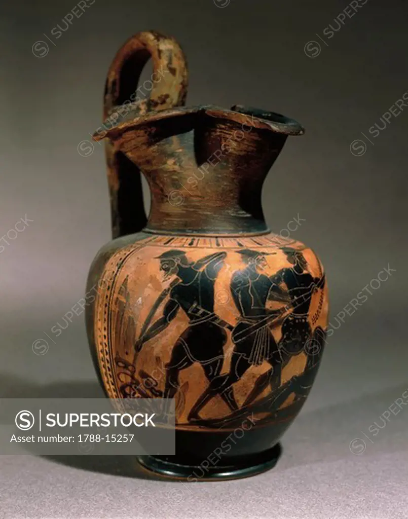 Black-figure pottery Oenochoe depicting Ulysses burning stake to blind Polyphemus