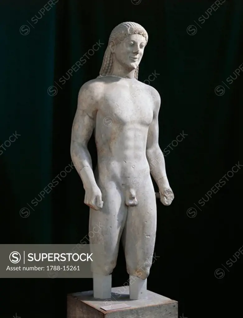 Greece, Thebes, Statue of Kouros from Monte Ptoon shrine of Apollo