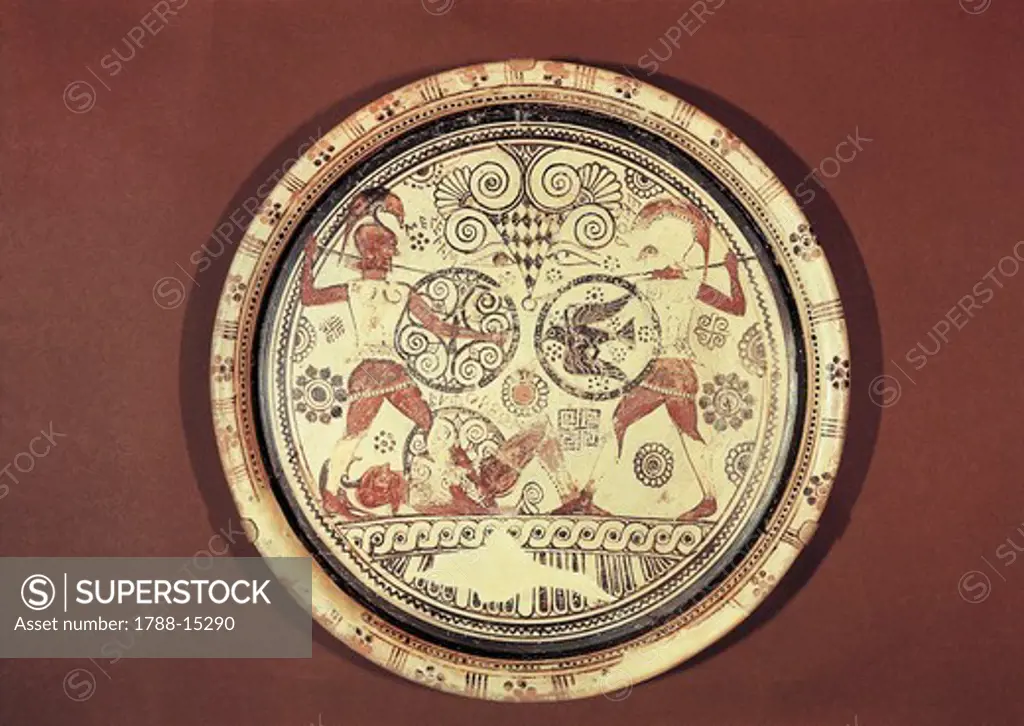 Plate of Euphorbia, rhodium ceramic depicting duel between Menelaus and Hector