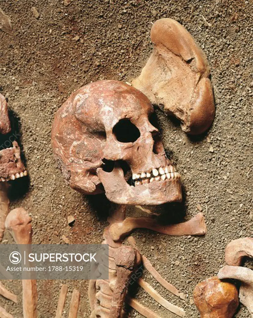 Italy, Liguria Region, Balzi Rossi, Barma Grande Cave, triple burial, Cro-Magnon type skeleton detail