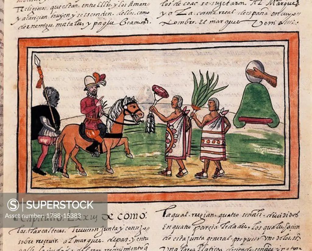 Manuscript, 'History of Indians' (1579) by Diego Duran (1537-1588) Cortes being welcomed by Indians to beating of drums, miniature