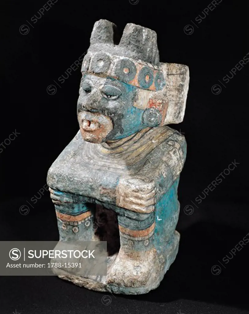 Painted stone sculpture depicting god Nappatecuhtli, Mexico