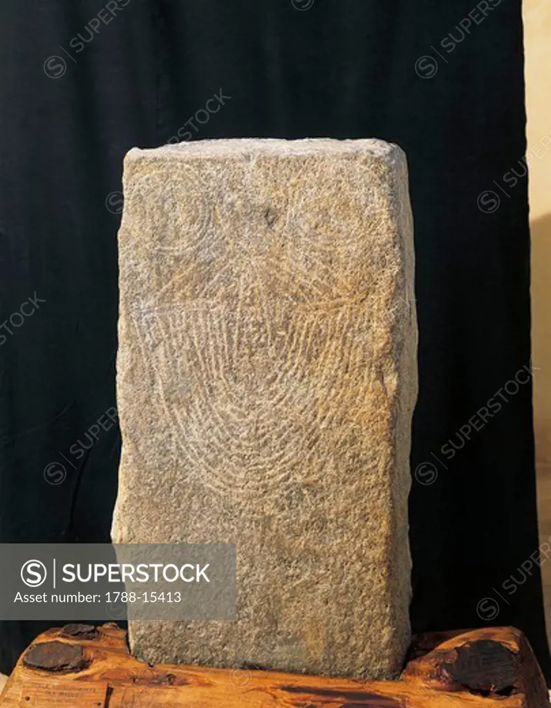 Italy, Lombardy, Val Camonica, Cornal, Idol statue with graffito from Camuni tribe