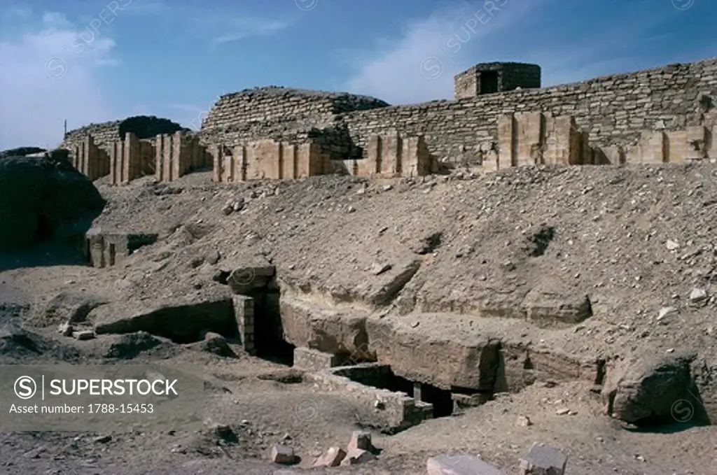 Egypt, Ancient Memphis, Necropolis of Saqqara, funerary complex of Gioser, ruins and walls