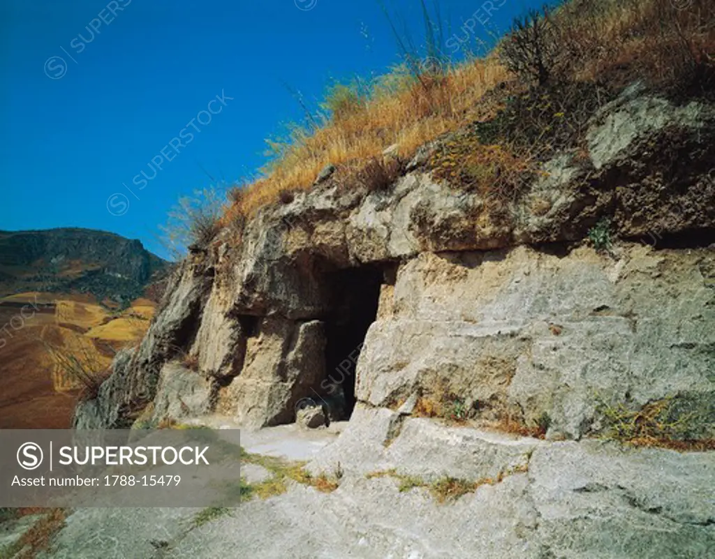 Italy, Sicily Region, Sant'Angelo Muxaro, Agrigento. Necropolis, view of rock