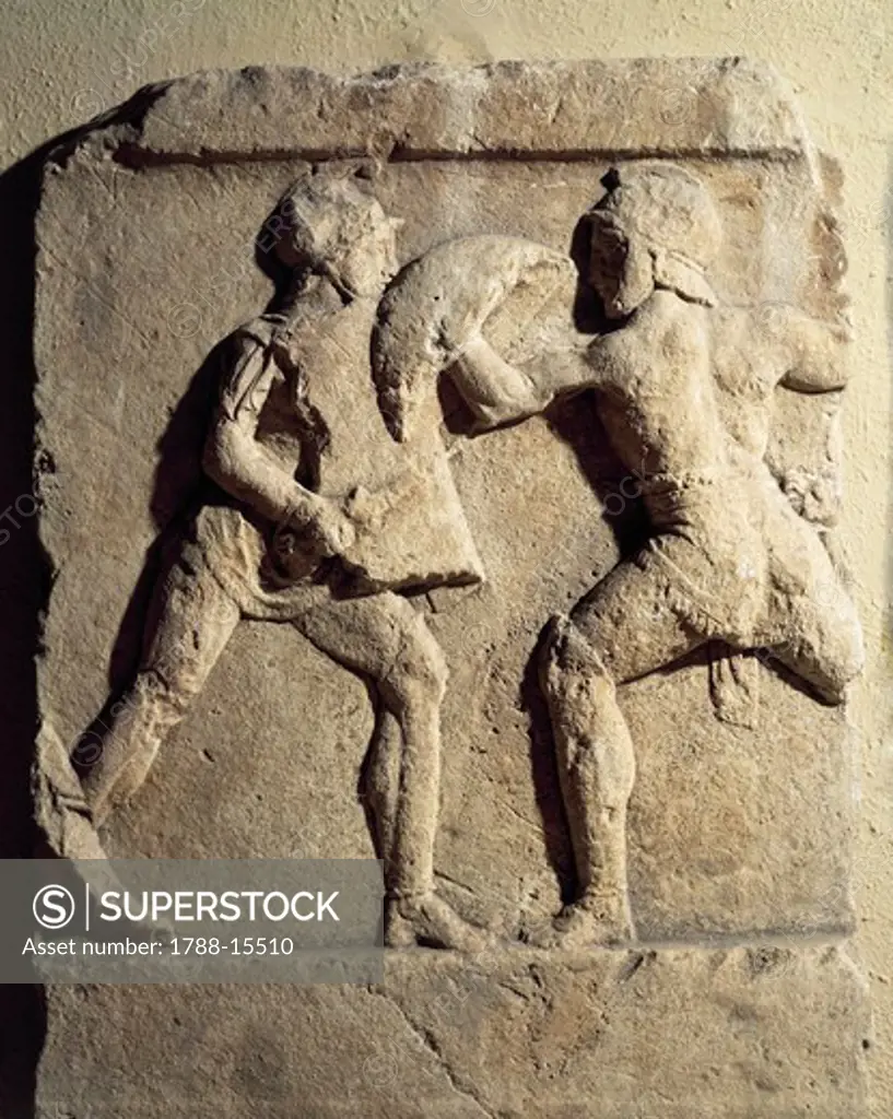 Roman civilization. Relief portraying clash between gladiators