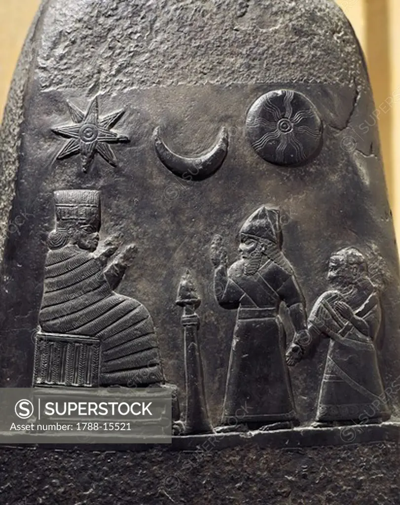 Kassite civilization. Kudurru (stela) of Melishipak II. Detail depicting king presenting his daughter to Nana, Goddess of Love. From Susa, Iraq