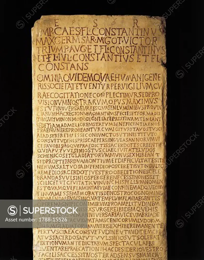 Inscription of rescript (Roman law) from Constantine and his three sons about regulations of Tuscany and Umbria, 333 A.D, from Spello, Perugia