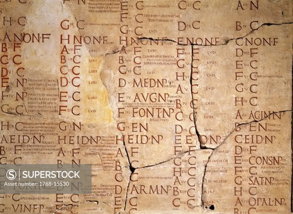 Inscription from Fasti Amiternini, document listing fasti days and non-fasti days in Ancient Amiternum, detail from festivals calendar