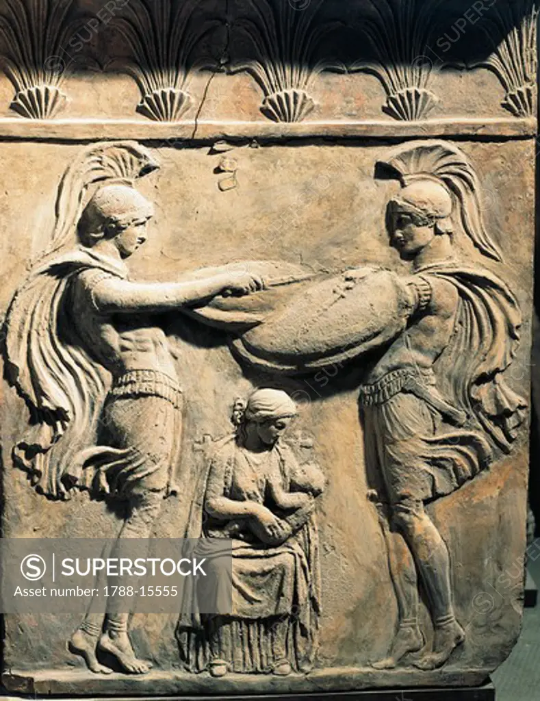 Relief depicting Jupiter as child with wet nurse and two warriors, from Italy