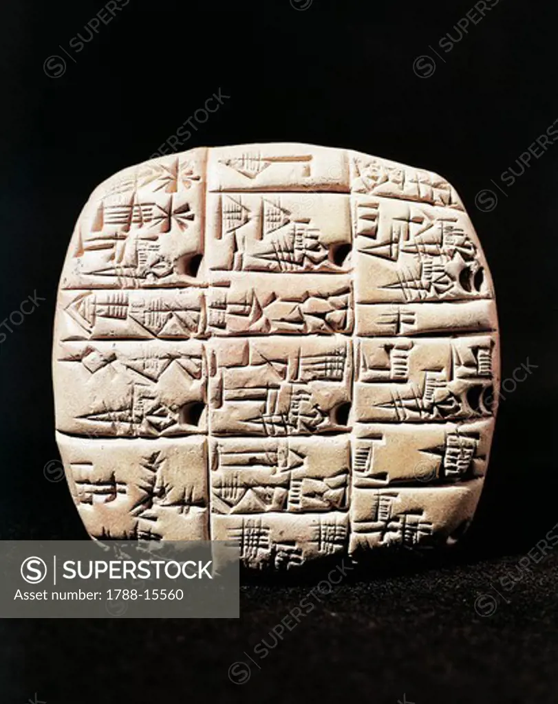 Administrative clay tablet in cuneiform script with count of donkeys and carts, from Tell Telloh (ancient Ngirsu), Iraq