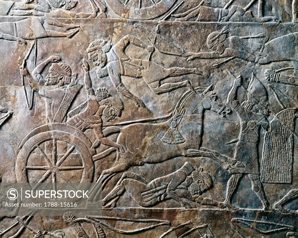 Detail of relief with battle of Til-Tuba, from Palace of Ashurbanipal, ancient Nineveh, Iraq