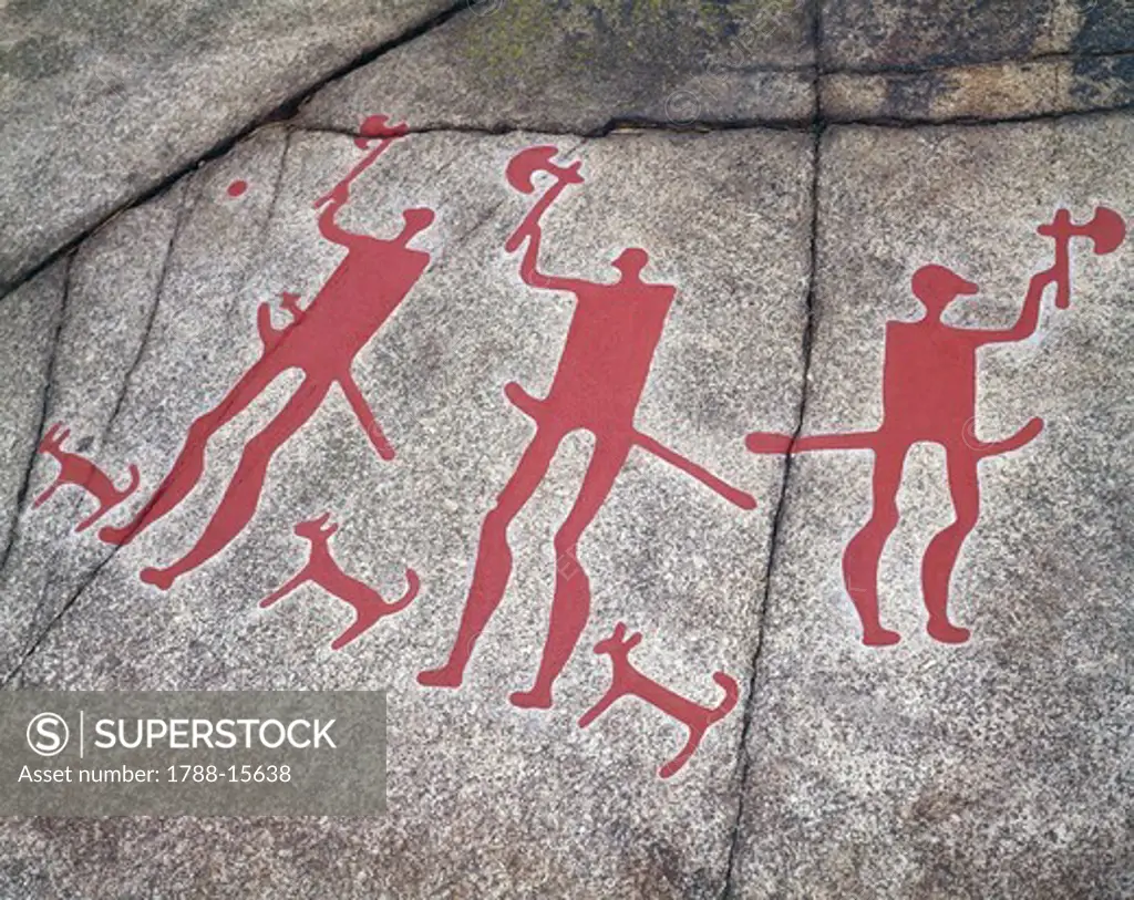 Sweden, Tanum, Tanumshede, Vitlycke Museum, Nordic Bronze Age rock carvings depicting Warriors with axes