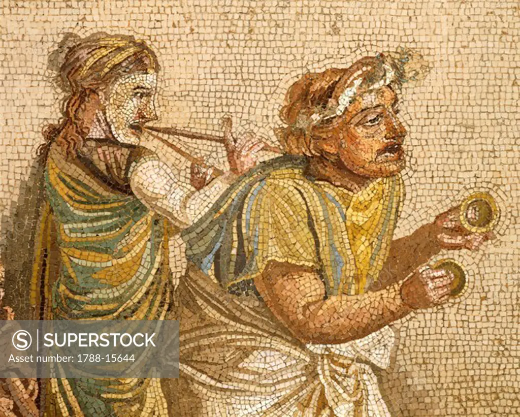 Detail of mosaic depicting group of street musicians, signed by Dioskurides of Samos, from Villa of Cicero, Pompei, Campania Region, Italy,