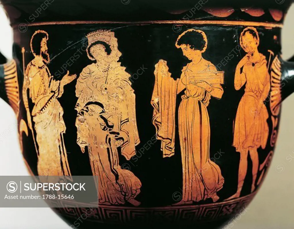 Bell krater by Dolon Painter, with scene from Euripides' play Medea: Medea gives mantle to Creusa, from Lucania, Italy