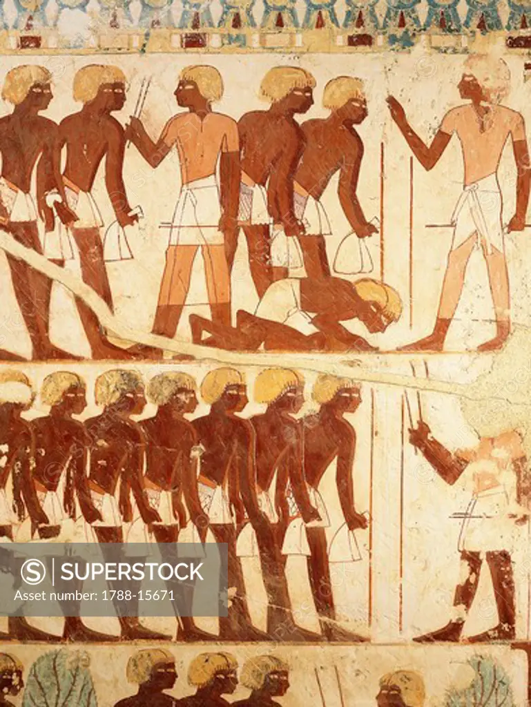 Egypt, Luxor Gornorate, Sheikh 'Abd al-Qurna Necropolis Tomb of Usherhat, Detail of frescoes with presentation of servants