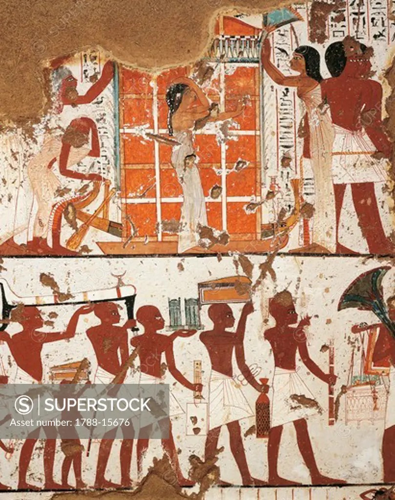 Egypt, Thebes, El-Khokha Necropolis Valley of the Nobles, Tomb of Nebamon and Ipouky, Detail of frescoes depicting funeral cortege and widow by catafalque of deceased