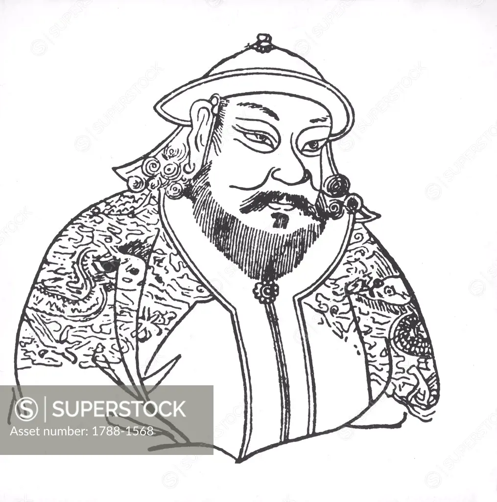 Mongolia - 13th century. China's first Yüan emperor Kublai Khan, 1215-1294. Drawing