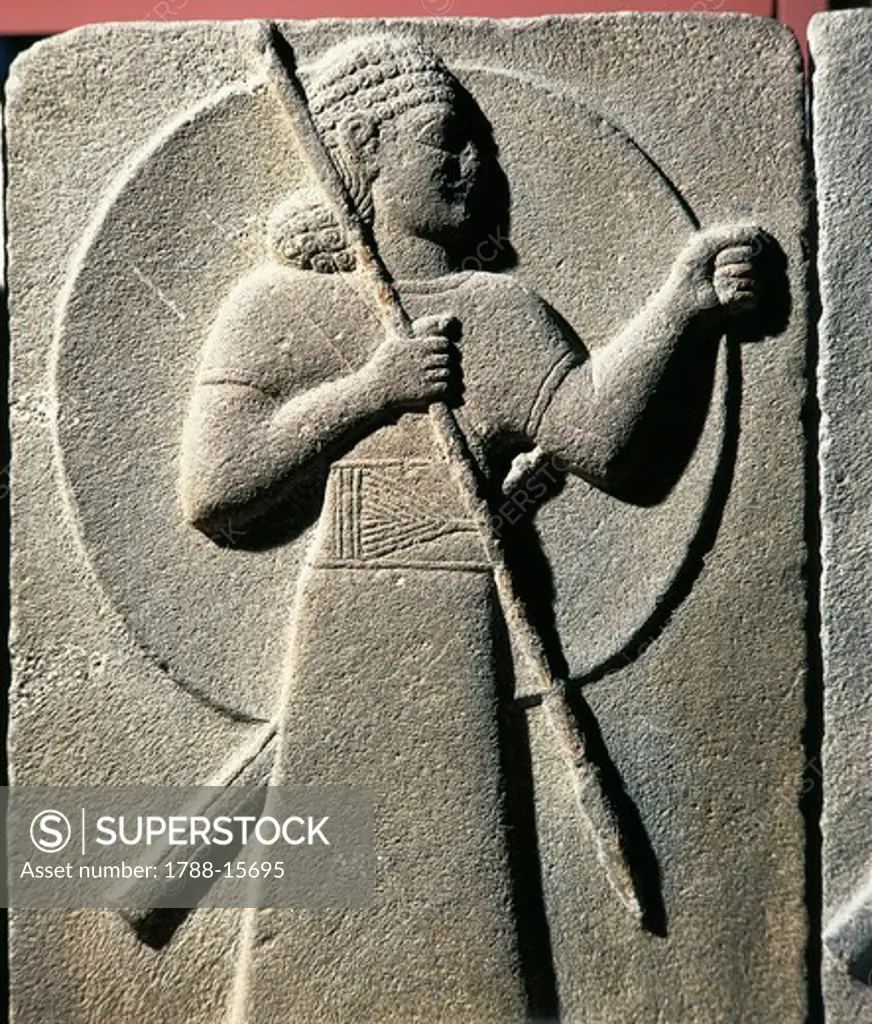 Relief depicting warrior armed with spear and shield, from Carchemish, Turkey