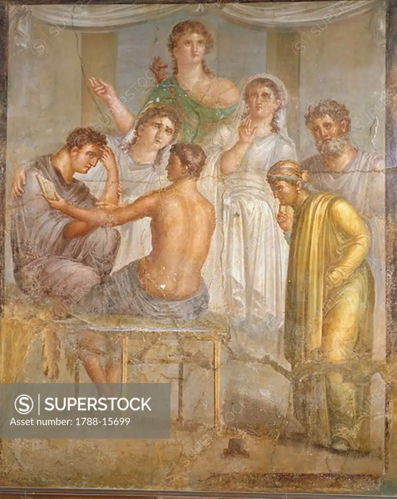 Roman civilization. Admetus and Alcestis, fresco from the Basilica of Ercolano