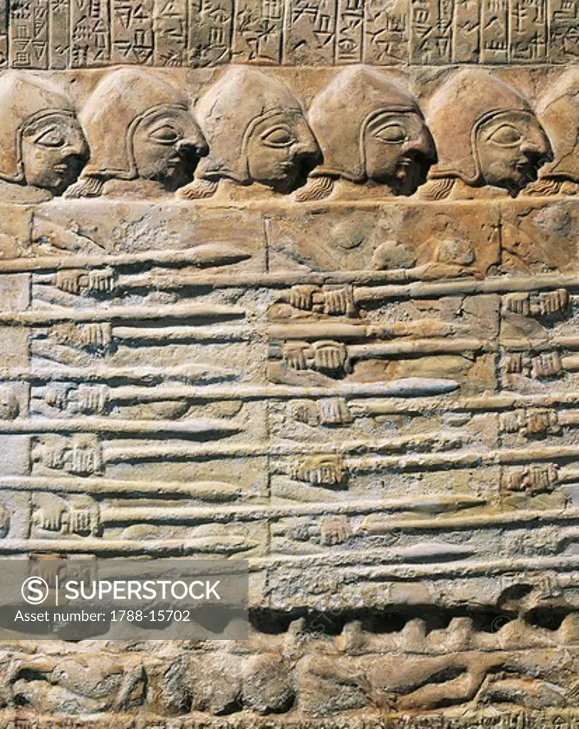 Detail of Stele of Vultures depicting troops of king Eannatum conquering Umma, from Tell Telloh, ancient Ngirsu,Iraq