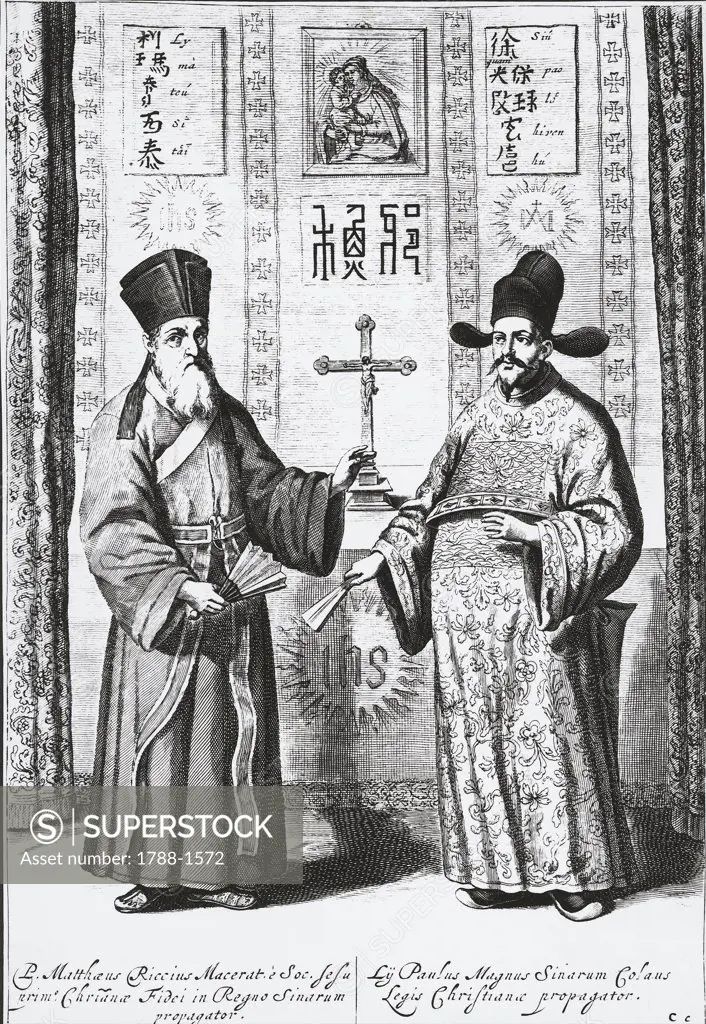 China - 16th century - The Jesuit missionary Matteo Ricci (1552-1610) and the Chinese scholar converted to Christianity Xu Guangqi (1562-1633), engraving