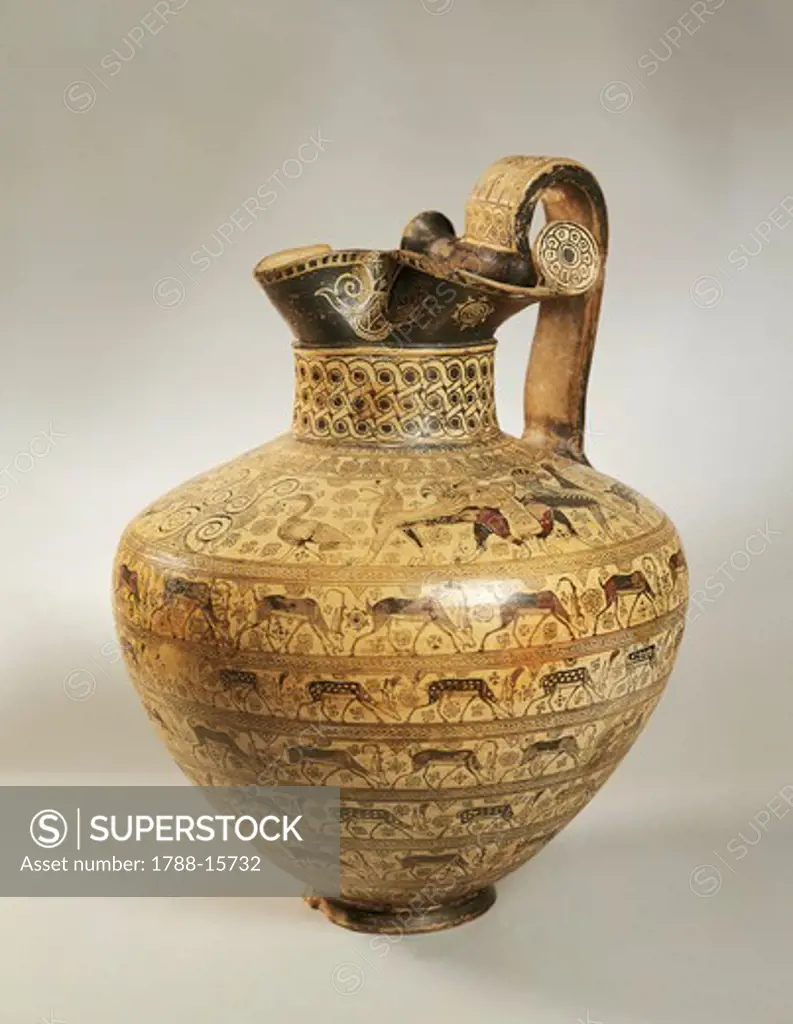Oenochoe decorated with figures of goats fallowing deer and ibex, from Rhodes, Greece