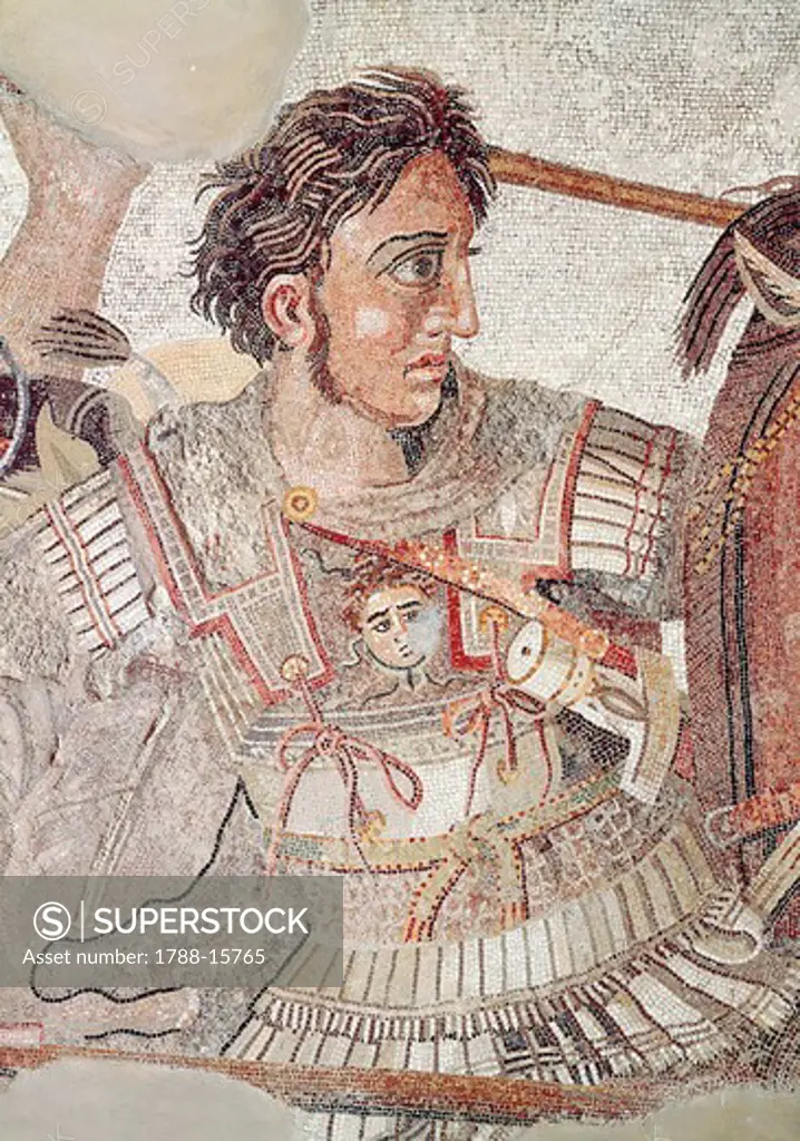 Italy, Pompeii, House of the Faun, mosaic known as Alexander Mosaic and depicting the battle of Issus, 333 B.C., between the armies of Alexander the Great and Darius III of Persia, detail, Alexander