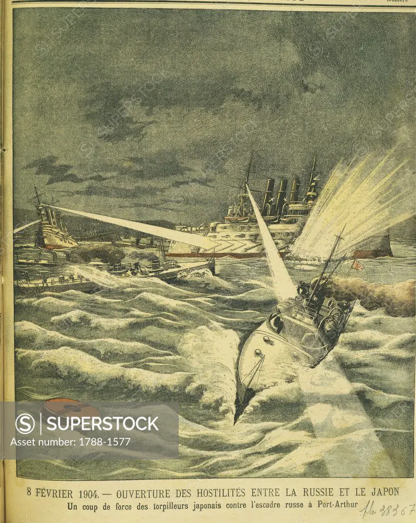 Russo-Japanese war (1904-05) - The Japanese torpedo boats attack on Port Arthur, february 1904.  Print from 'Le Petit Journal'