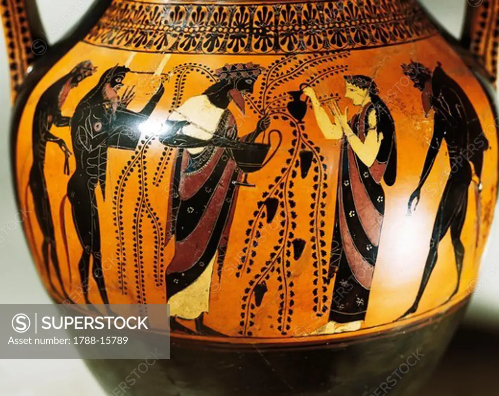 Black-figure pottery, Bilingual amphora, attributed to Andokides and Lysippides Painters, Side B by Lysippides, depicting Dionysus, Ariadne and Satyrs, detail, 530-520 B.C.