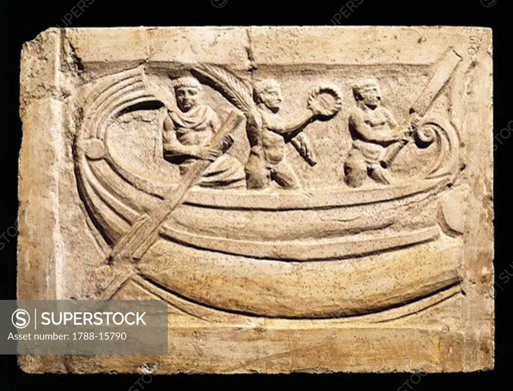 Relief depicting the winners of boat race, holding wreath and palm leaf, symbols of victory