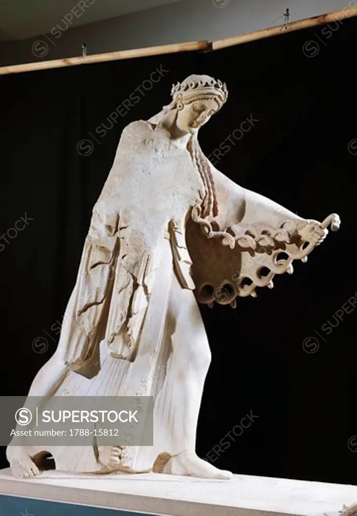 Marble statue of Athena from east pediment of Temple of Athena Polis depicting Gigantomachy, 520 B.C.