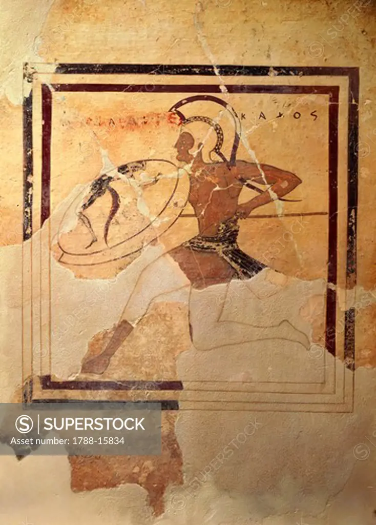 Greek civilization, 6th century B.C. Pinax (votive tablet) depicting Hoplite soldier running, circa 520 BC