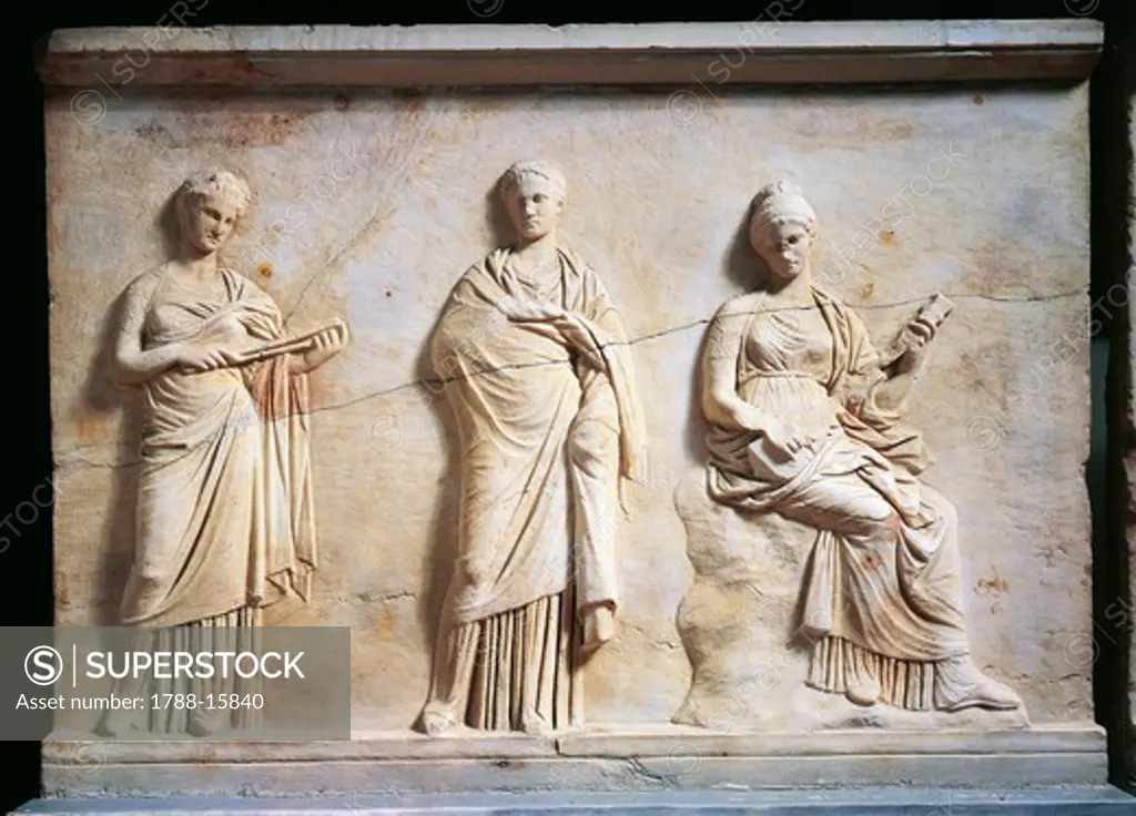 Greek civilization, relief depicting three Muses, attributed to School of Praxiteles, from Mantineia, Greece