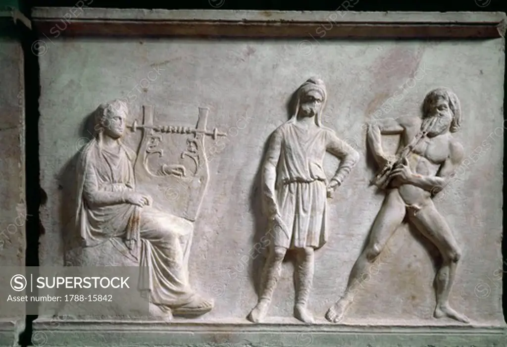 Greek civilization, relief depicting musical contest between Apollo and Marsyas, attributed to School of Praxiteles, from Mantineia, Greece