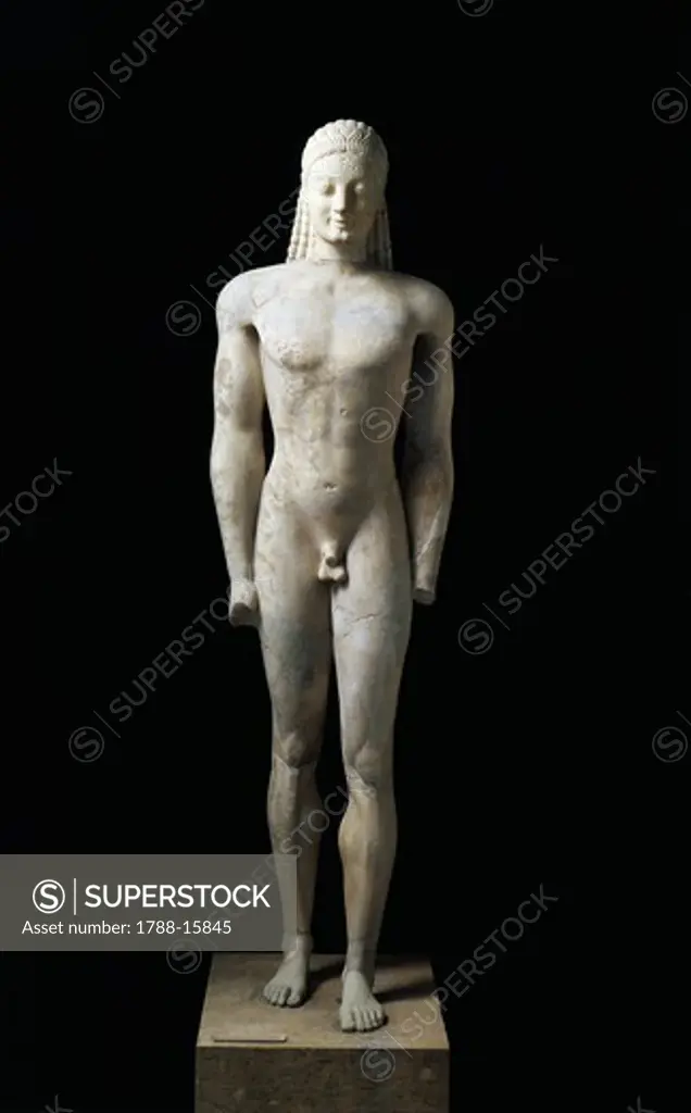 Greek civilization, marble statue, funerary kouros, 550-540 B.C., from Volomandra, Greece