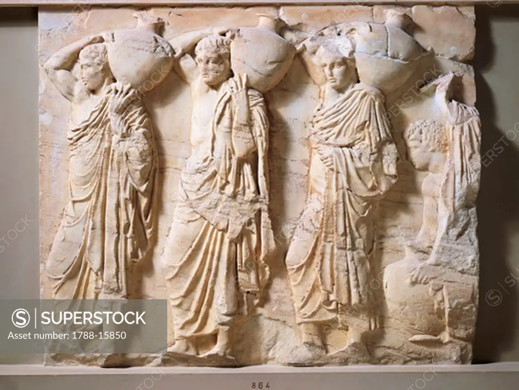 Greek civilization, pentelic marble frieze of Parthenon by Phidias, bas-relief depicting procession of people bearing amphoras, circa 445-438 BC