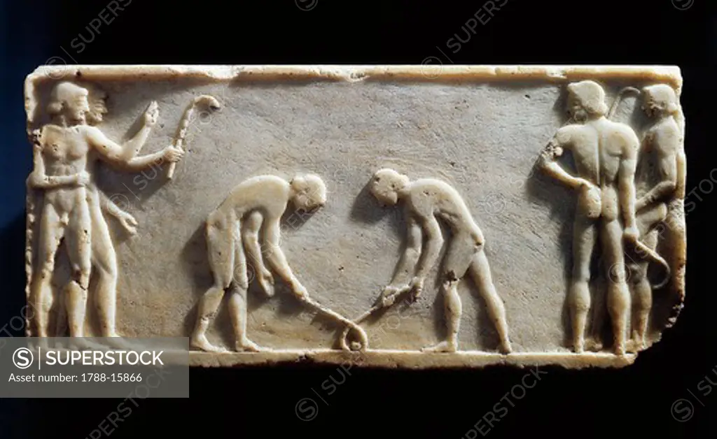 Greek civilization, Plinth of kouros statue, bas-relief depicting players with sticks and ball, known as ""Hockey players"", circa 490 B.C. from Kerameikos necropolis in Athens, Greece
