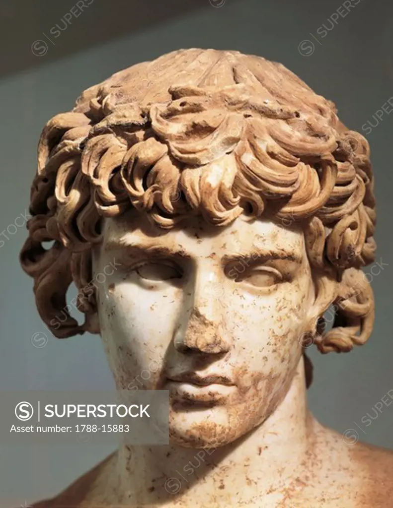 Marble statue of Antinous, height 180 cm, from temple of Apollo at Delphi, Greece, detail, head