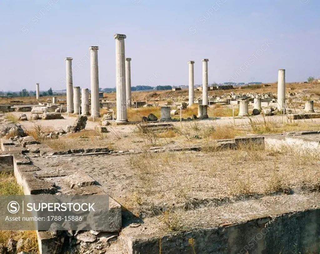 Greece, Pella, Ionic peristyle of administrative district of ancient capital of Macedonia