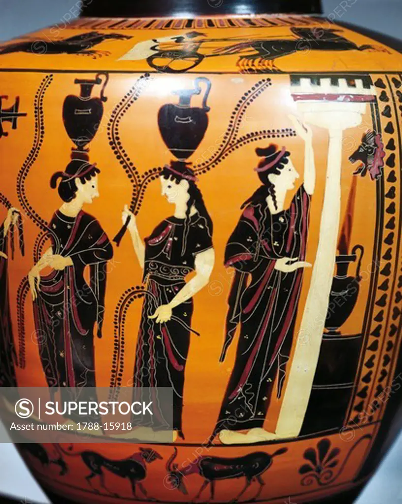 Black-figure pottery, Attic hydria, detail with women drawing water from fountain