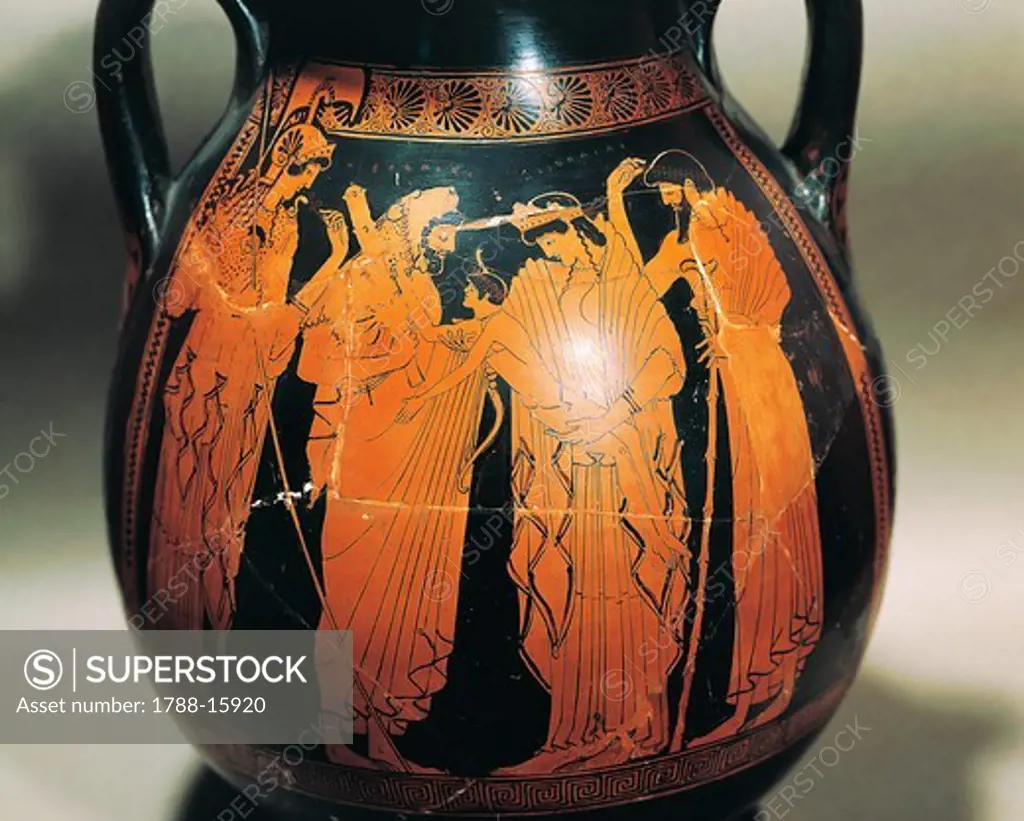 Red-figure pottery, Pelike attributed to Siren Painter, detail of side with Heracles taking his son Hyllus from Deianira's arms, from Athens