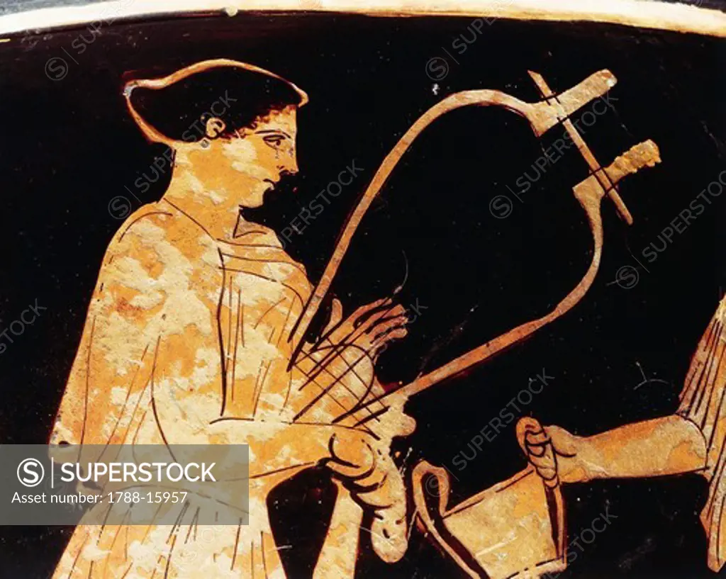 Red-figure pottery, Attic vase, detail: zither female player