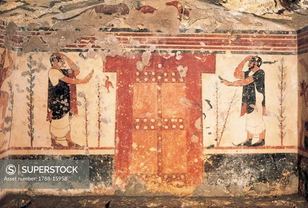 Italy, Latium region, Tarquinia (Viterbo province), Etruscan Necropolis Auguri Tomb, detail of fresco depicting farewell scene before Hades' gate