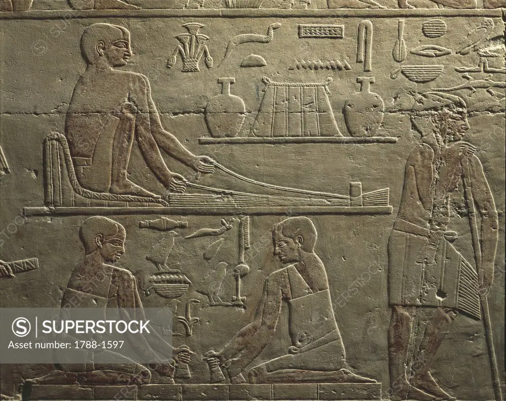 Egypt - Cairo - Ancient Memphis (UNESCO World Heritage List, 1979). Saqqara. Necropolis. Private funerary mastaba of Ti, 5th Dynasty. Relief of weavers