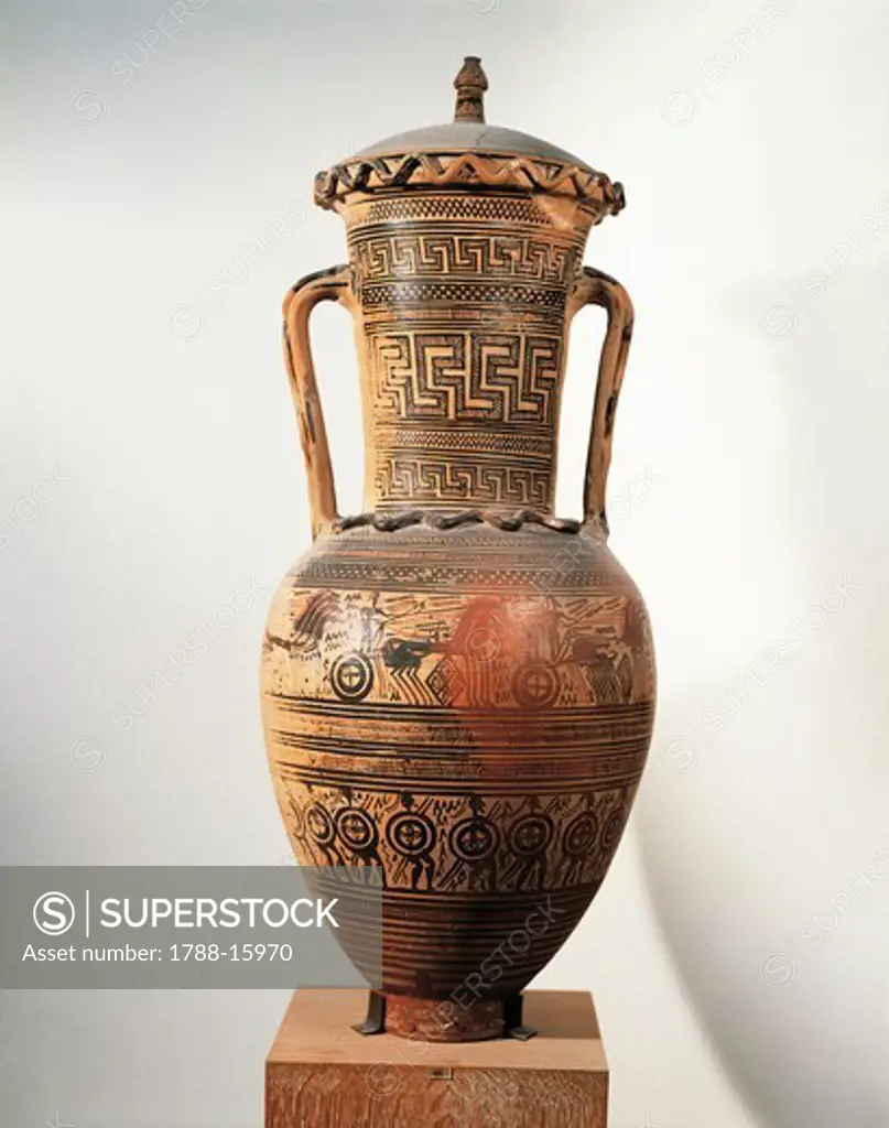 Geometric pottery, Amphora, Figured and meander ornamentation