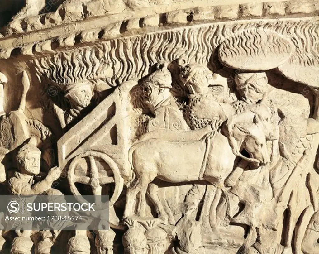 Plaster cast of column of Marcus Aurelius, detail, use of fire during siege